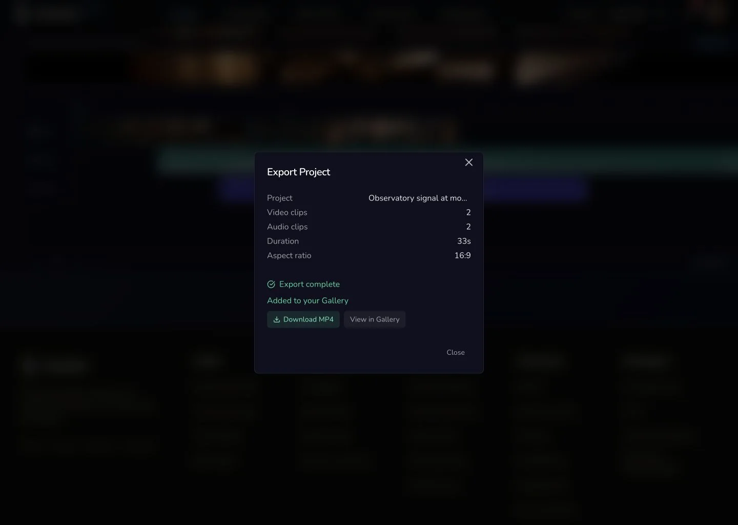 Completed Media Centre export dialog with Download MP4 and View in Gallery controls.