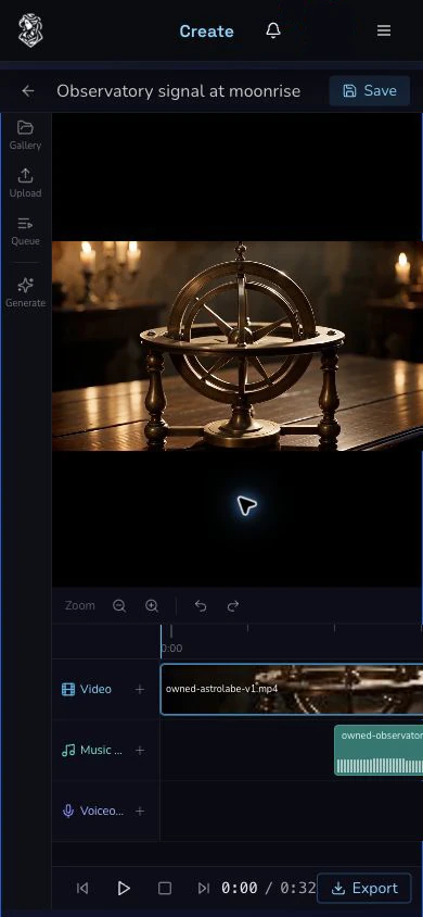 Narrow Media Centre project with the asset rail, preview, timeline tracks, transport controls, Save and Export visible.