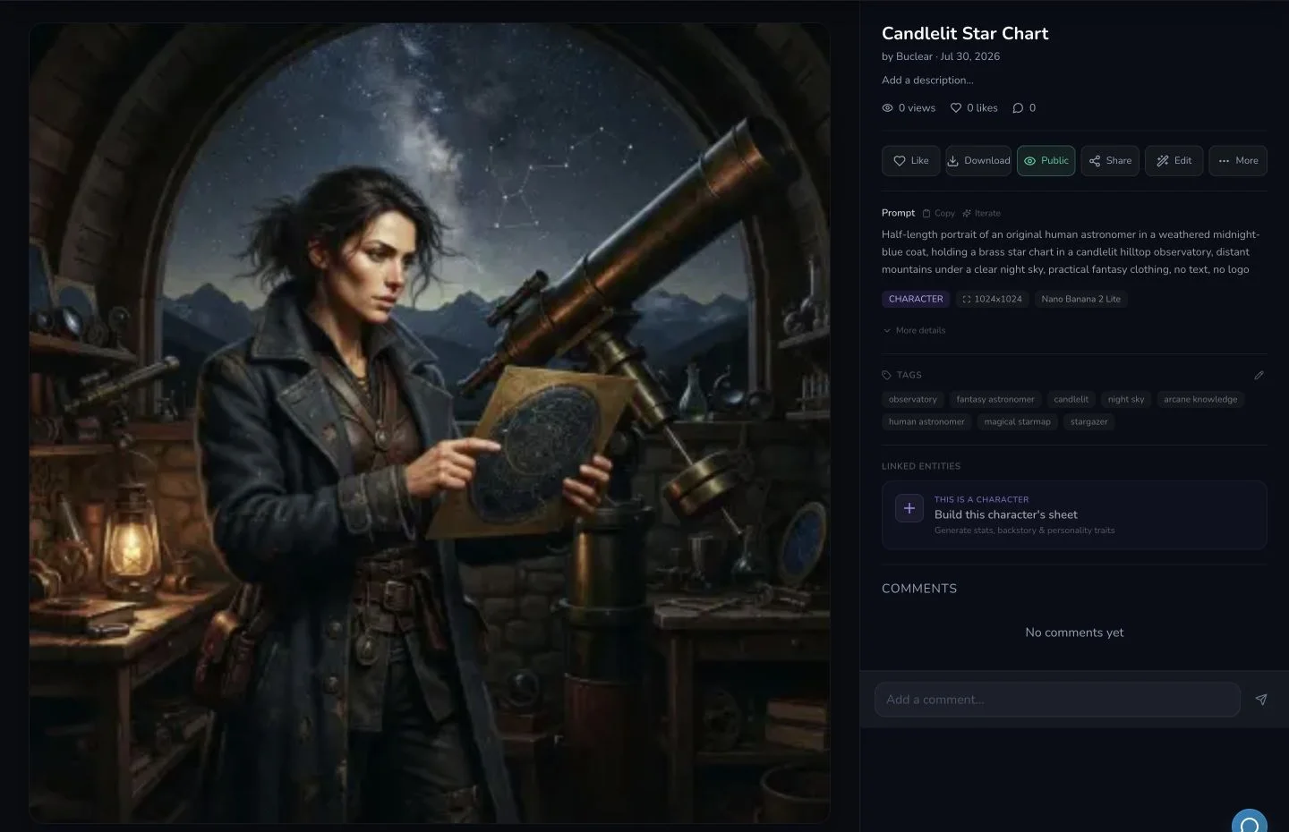Desktop result detail shows Candlelit Star Chart with Download, Public and Share controls.