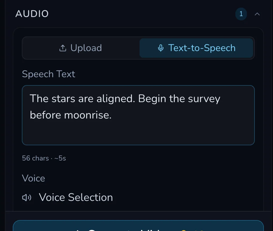 Desktop Portrait Audio panel with Text-to-Speech selected, the reviewed fictional speech text and a voice selection control.