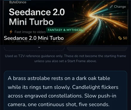 Desktop video form crop showing the Seedance 2.0 Mini Turbo model card, astrolabe prompt and 50 Gold submit amount.