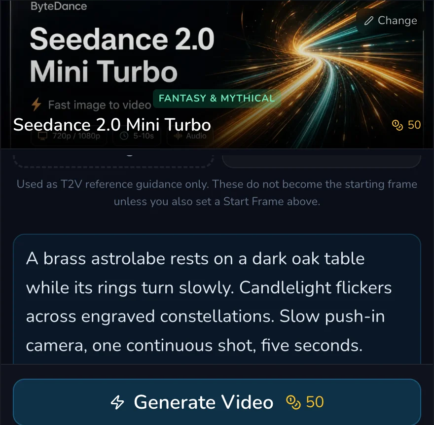 Mobile Video Create form showing the prepared five-second astrolabe prompt variant A.