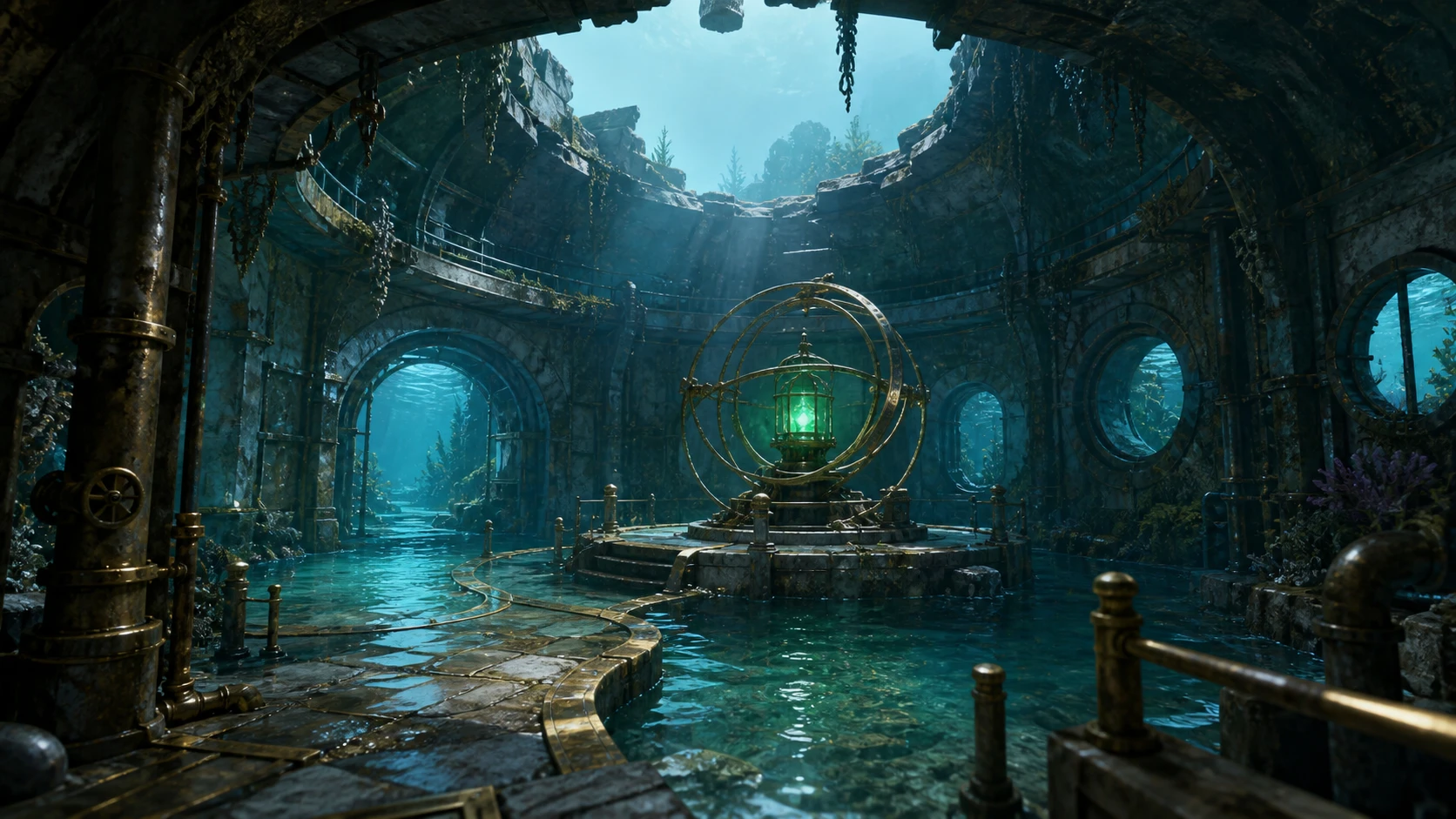 Approved exterior artwork for the flooded Drowned Observatory without generated writing.