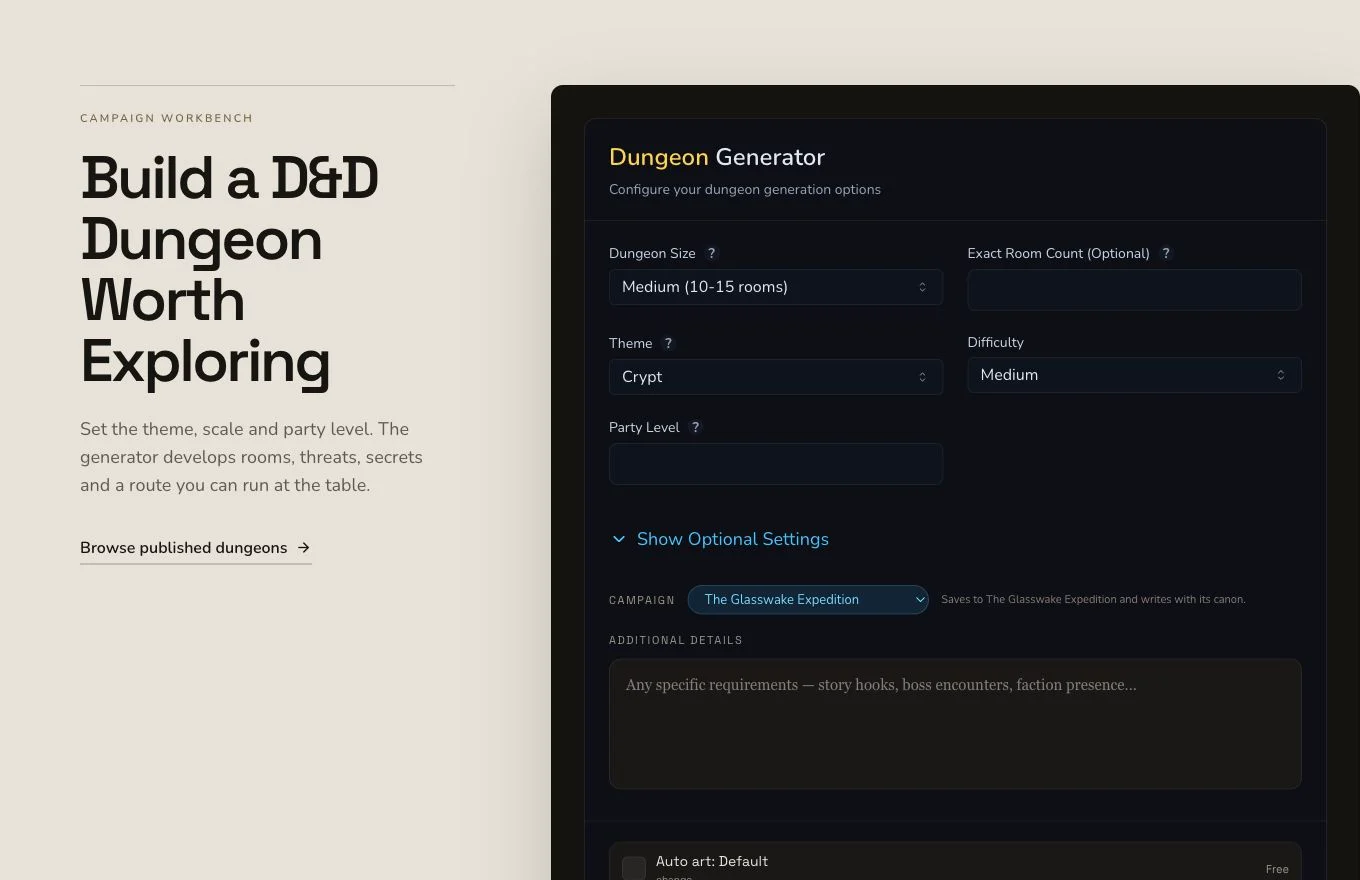 Desktop Dungeon generator workbench showing the live generation controls and selected Glasswake campaign.