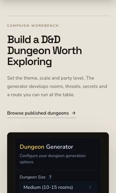 Mobile Dungeon generator workbench showing the responsive title and initial controls.