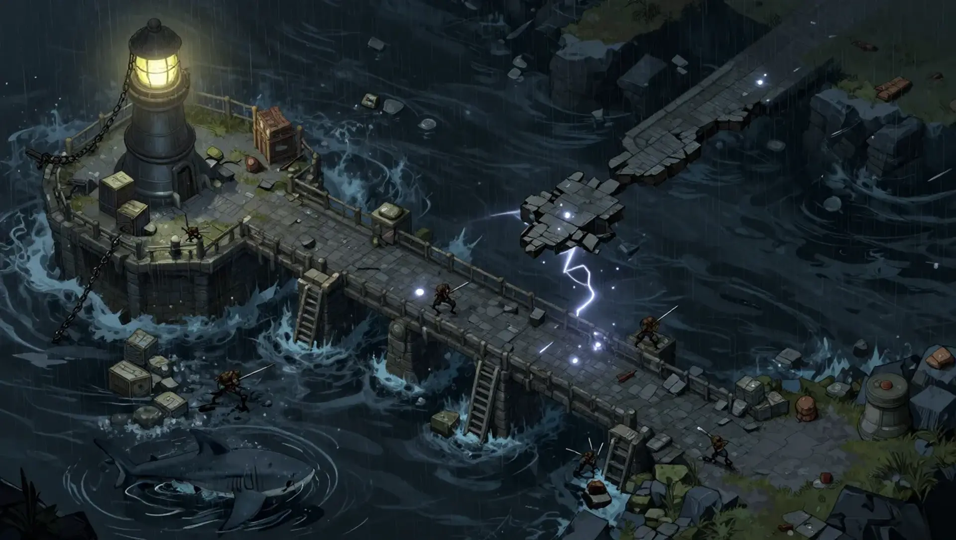 Approved artwork for the Bridge of Broken Stars rescue during a storm-driven tide.