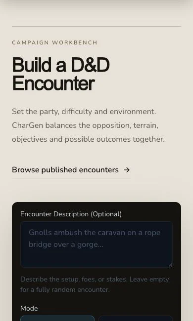 Mobile Encounter generator workbench showing the responsive title and initial controls.