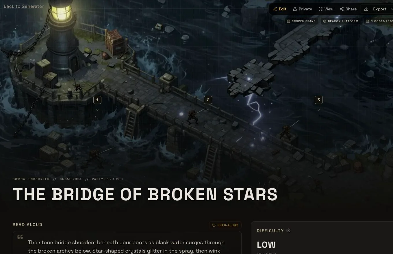 Private Bridge of Broken Stars result showing objectives, battlefield, complications and owner controls.