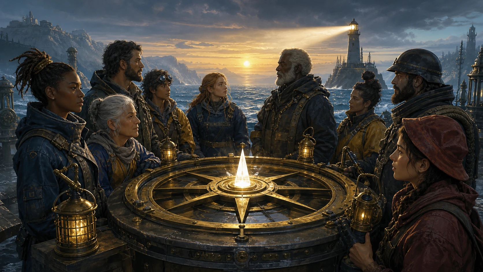 Approved text-free artwork for The Meridian Cartographers, showing coastal surveyors and beacon maps without generated writing.
