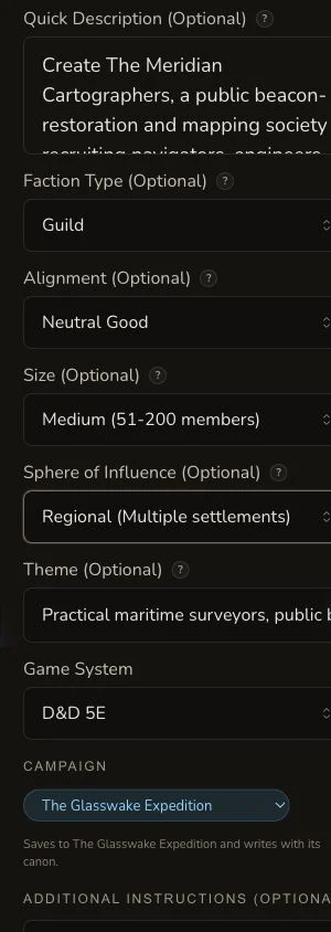 Mobile Faction generator showing the Meridian Cartographers brief and optional organisation controls.