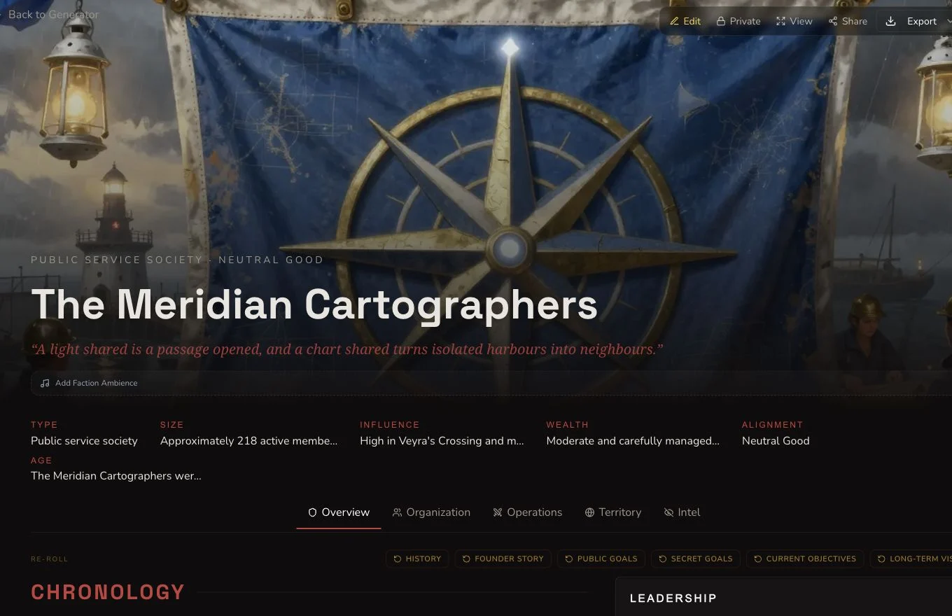 The Meridian Cartographers private Faction result header showing its public-service type, alignment, size, influence, motto and Overview navigation.