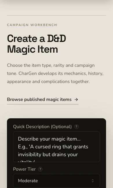 Mobile Magic Item generator workbench showing the responsive title and initial controls.