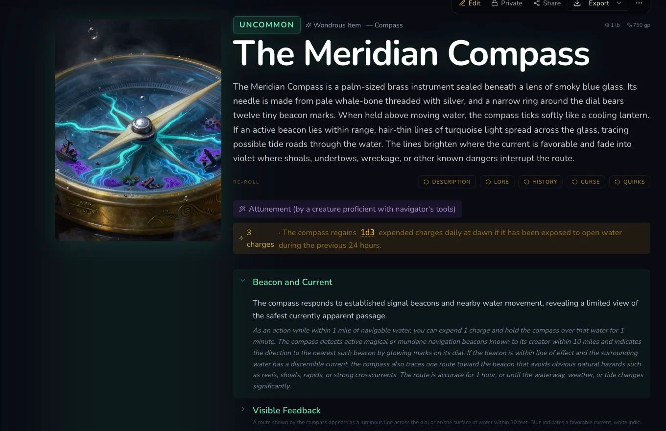 Private Meridian Compass detail page showing rarity, attunement, properties and lore.