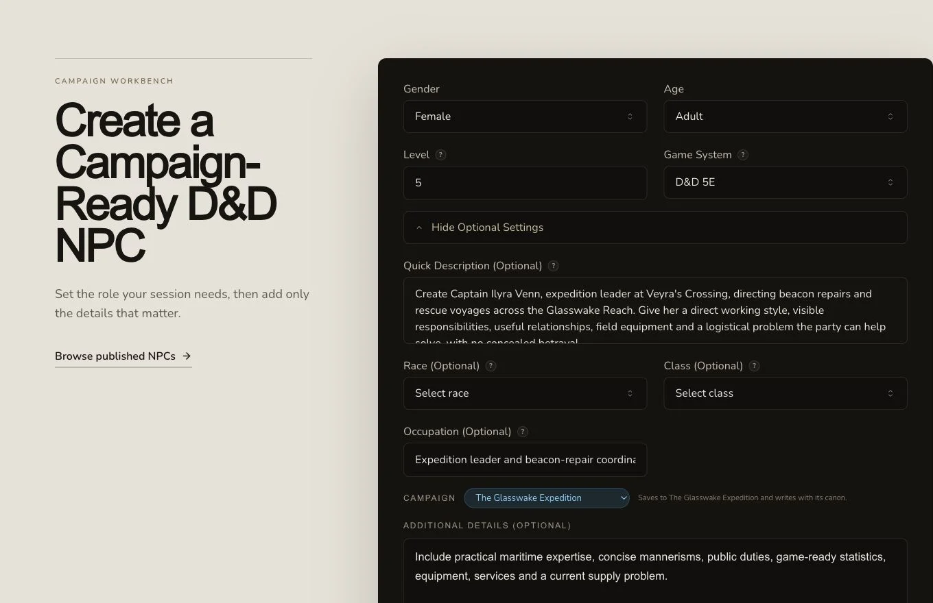 Desktop NPC generator showing Captain Ilyra Venn's public role, expedition brief and detailed controls.
