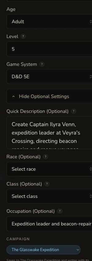 Mobile NPC generator showing Captain Ilyra Venn's level, game system, public brief, occupation and campaign filing.