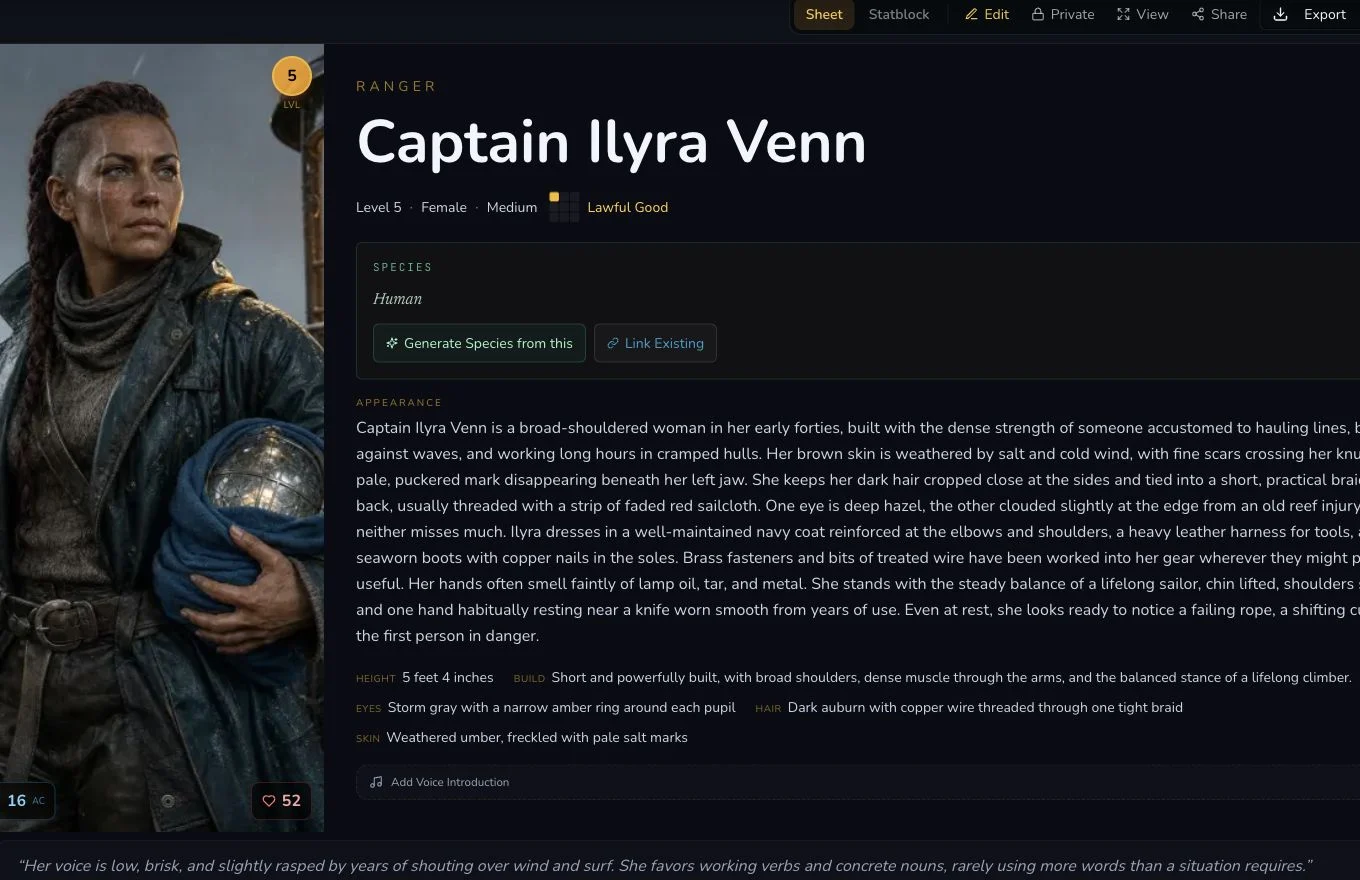 Captain Ilyra Venn's private NPC result showing her portrait, level, species, appearance, armour class and hit points.