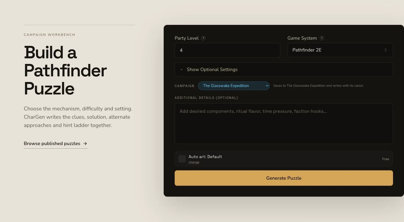 Desktop Puzzle generator workbench showing its live party, system and optional-setting controls.