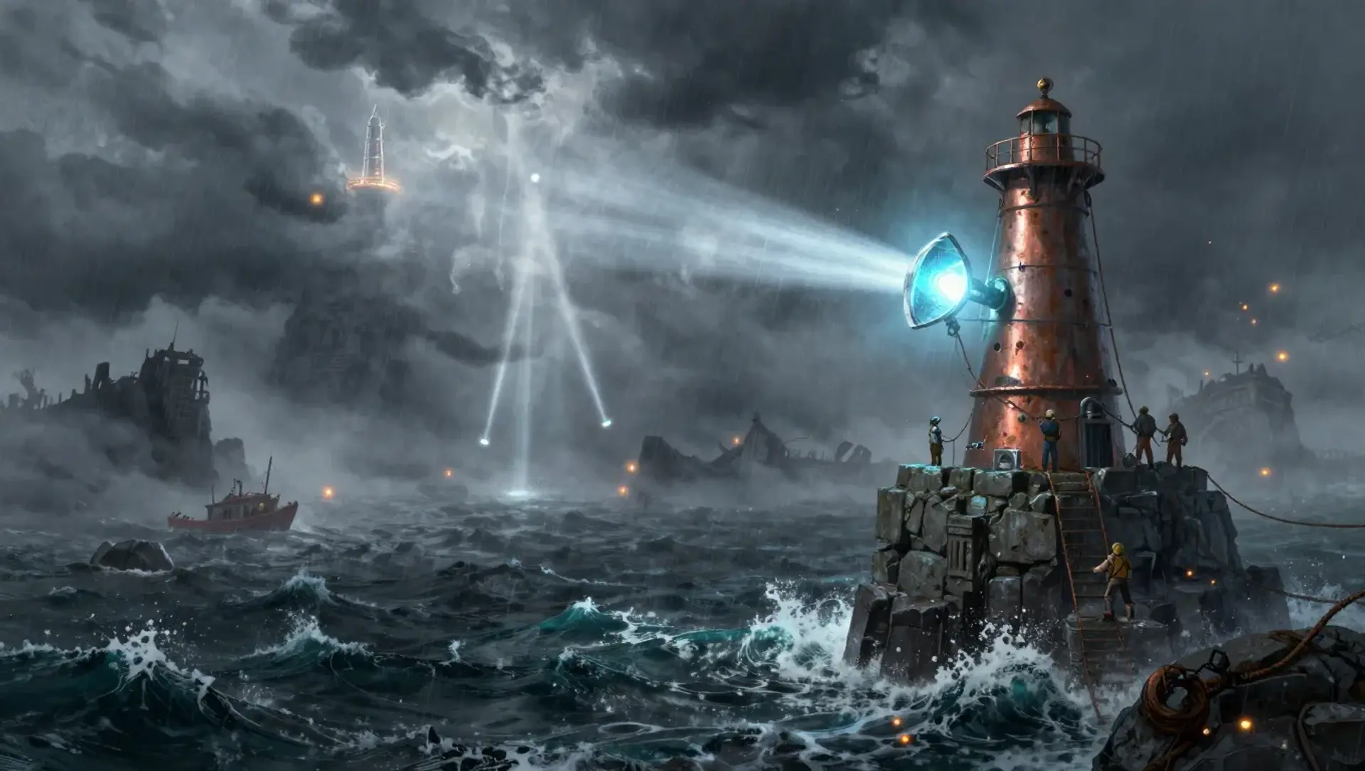 Approved native artwork for Rekindle the Meridian showing a rescue crew restoring the final beacon.
