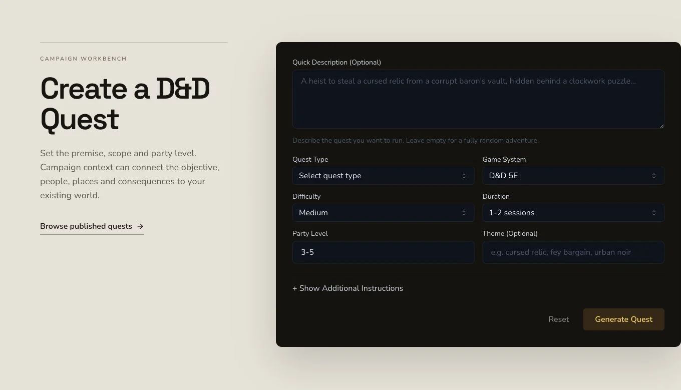 Desktop Quest generator workbench showing its live description, system, difficulty and duration controls.