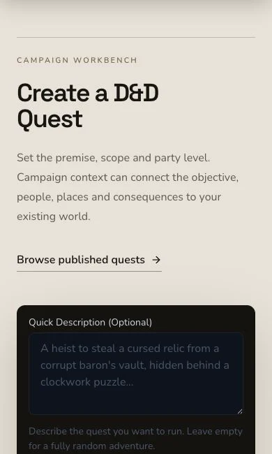 Mobile Quest generator workbench showing the responsive title and initial controls.