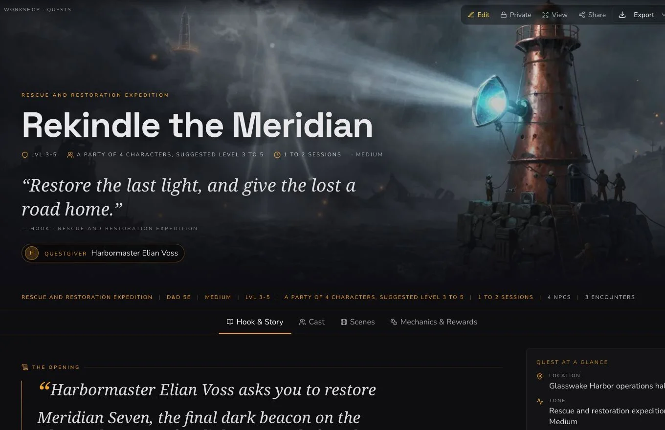 Private Rekindle the Meridian Quest result showing its patron, staged objectives, approaches and outcomes.