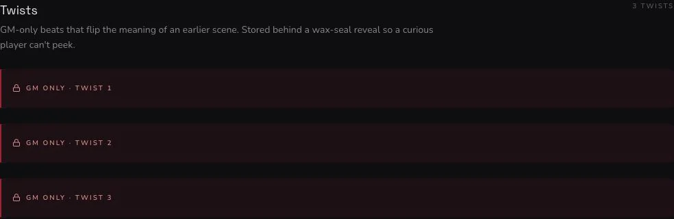 Quest owner surface showing three collapsed GM-only Twist rows and their explanatory text.