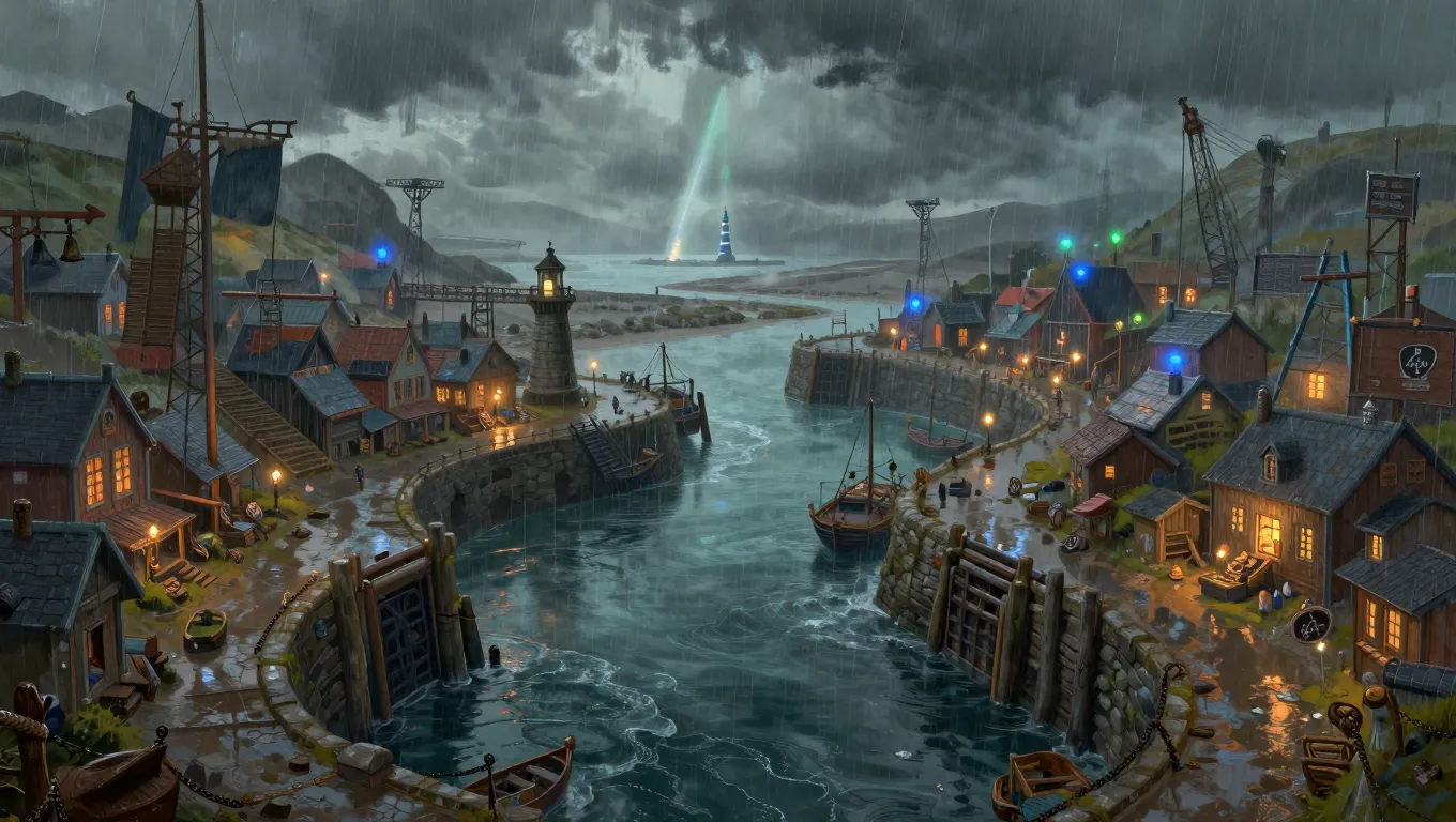 Painterly overview artwork of Veyra's Crossing around a beacon junction and storm-cut harbour.