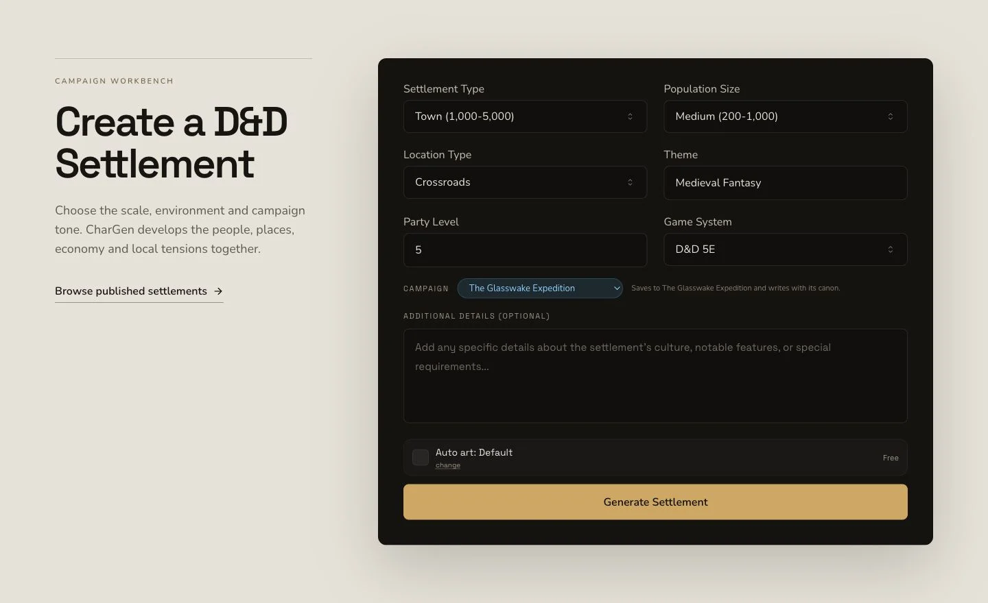 Desktop Settlement generator showing the main brief and system controls without account information.