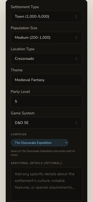 Mobile Settlement generator showing the brief and submission controls in a narrow layout.