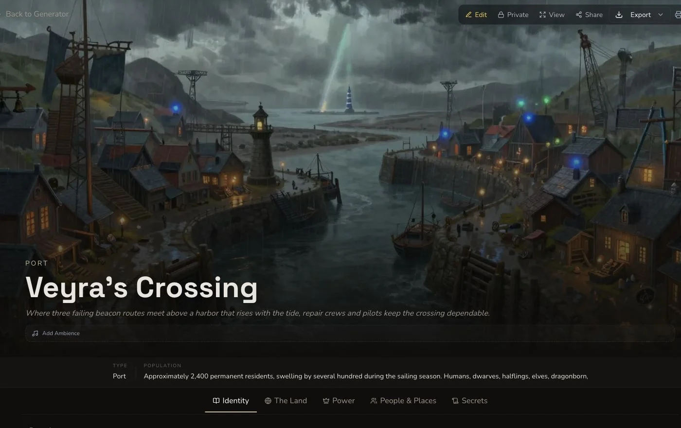 Desktop detail page for Veyra's Crossing showing the completed settlement and its owner controls.