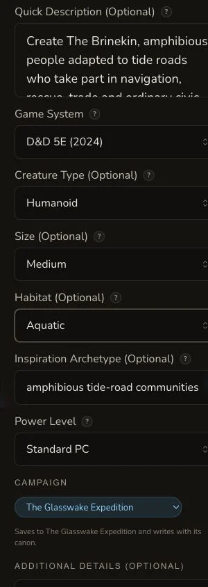 Mobile Species generator showing The Brinekin biology, habitat and power-level controls.
