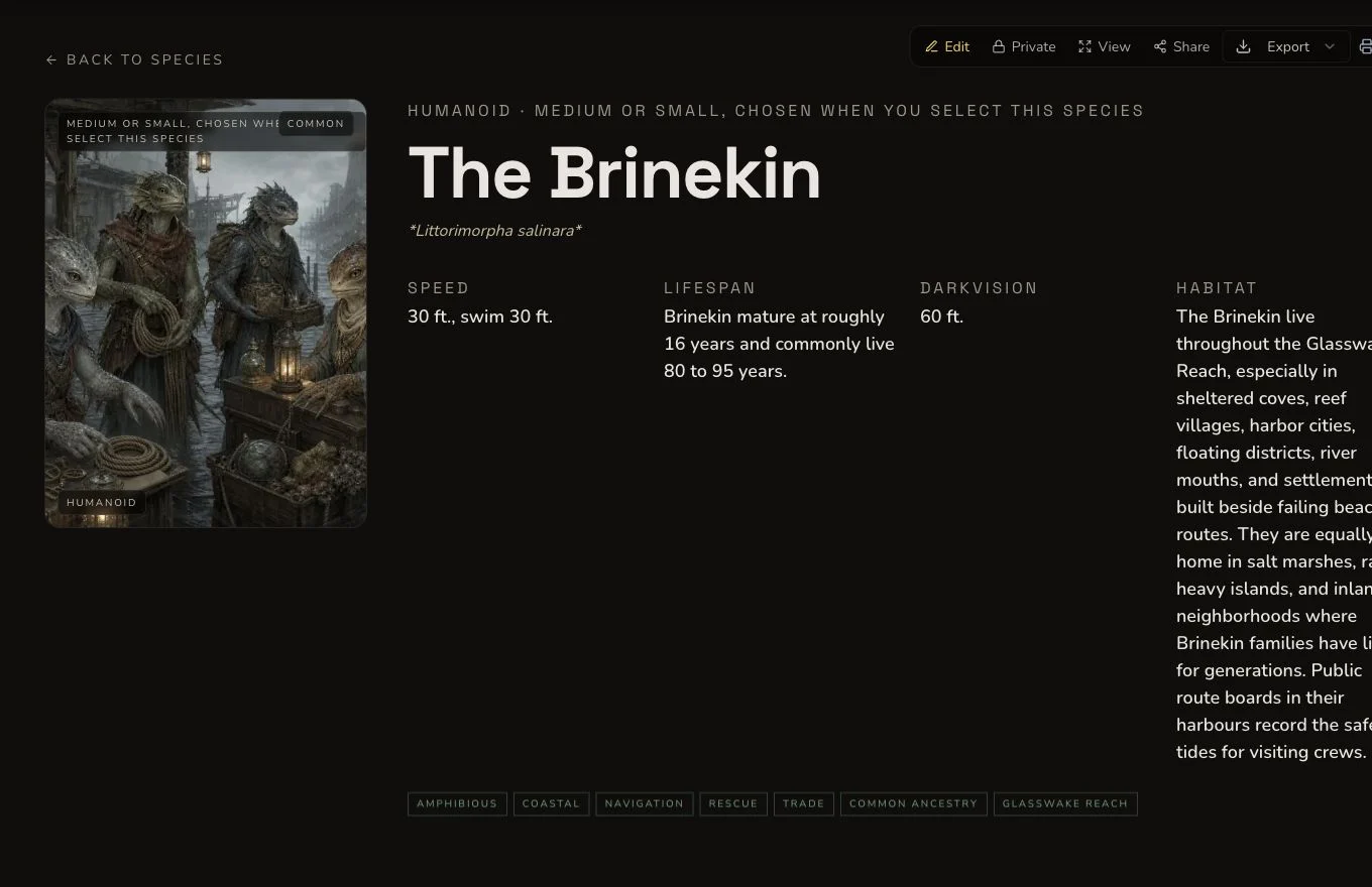 The Brinekin private Species result header showing the retained image, creature type, size, speed, lifespan, darkvision and habitat.