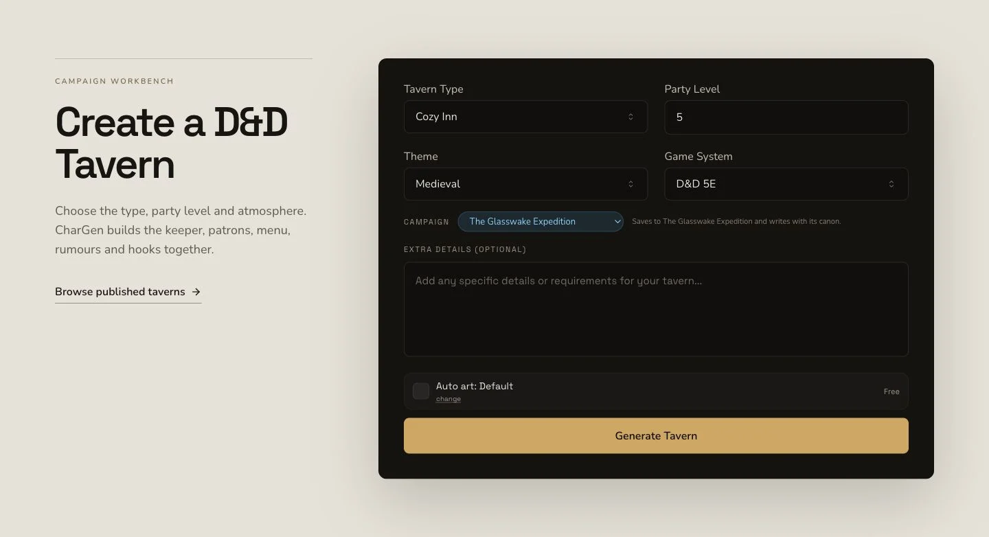 Desktop Tavern generator showing the tavern brief and system controls without account information.
