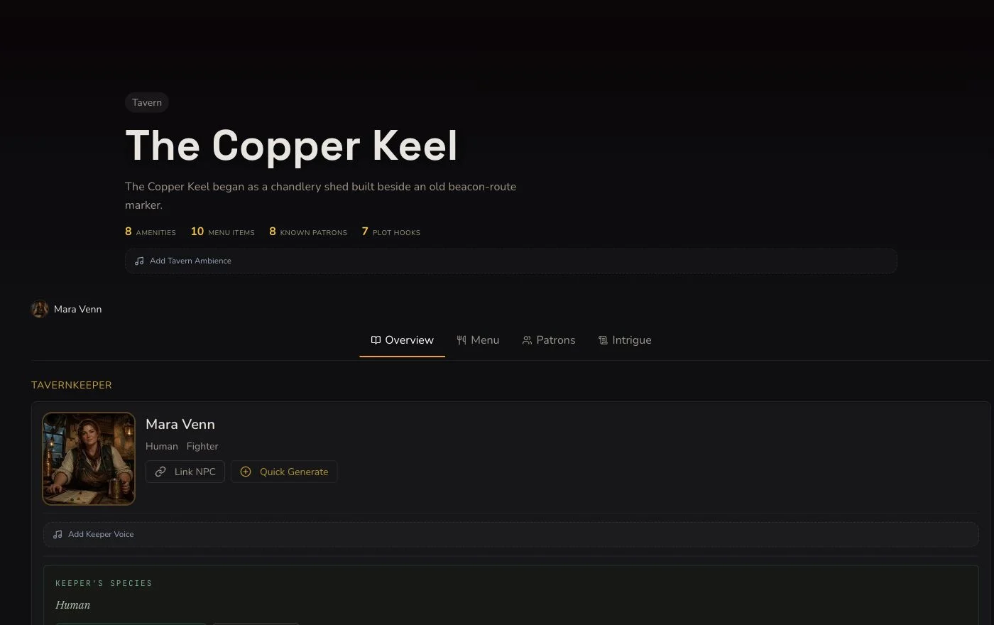 Desktop detail page for The Copper Keel showing its tavern sections and owner controls.