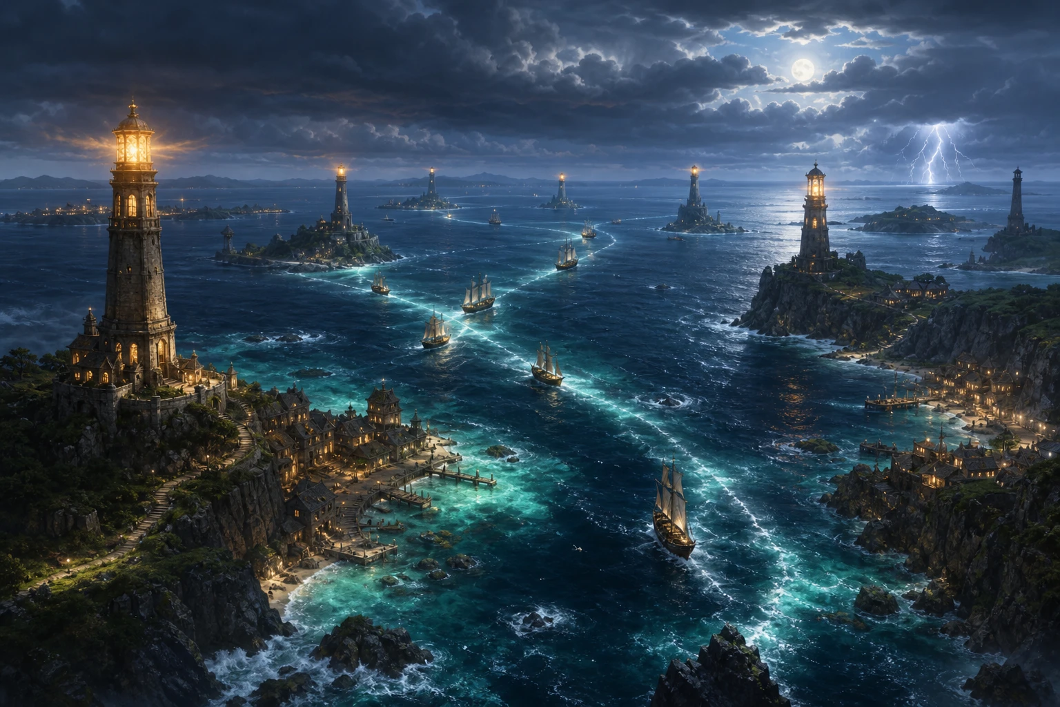 Wide painterly artwork of Asterfall's beacon network spanning storm-cut islands and tide roads.