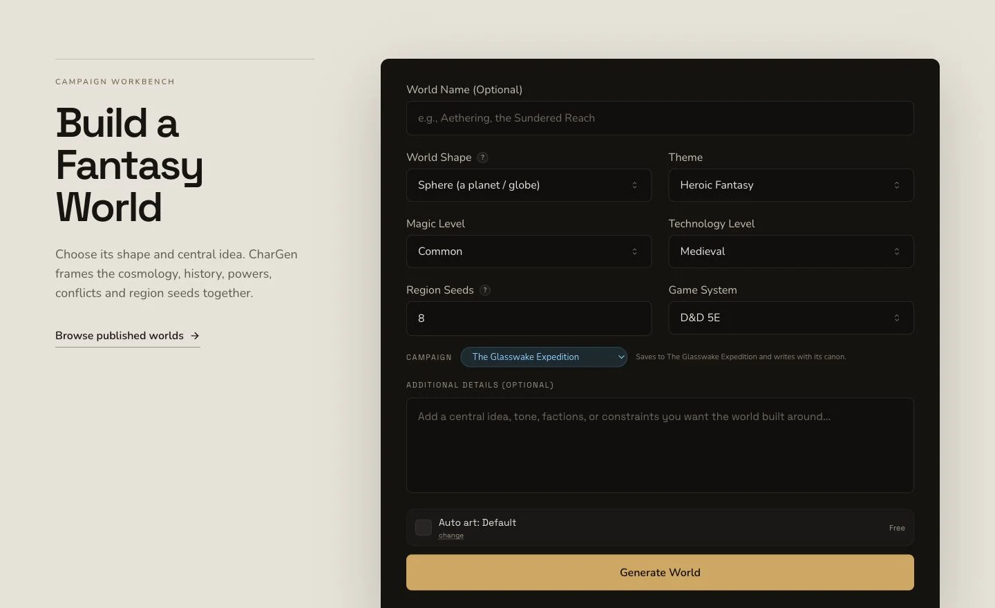 Desktop World generator showing the world brief and system controls without account information.
