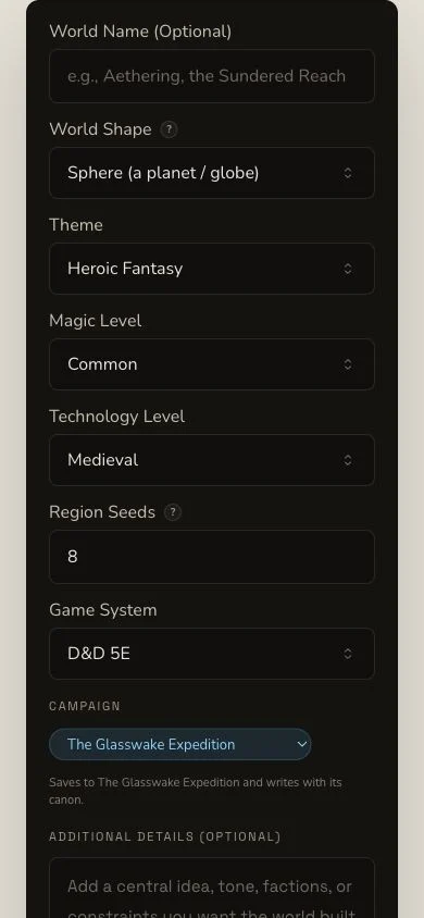 Mobile World generator showing the same brief and submission controls in a narrow layout.