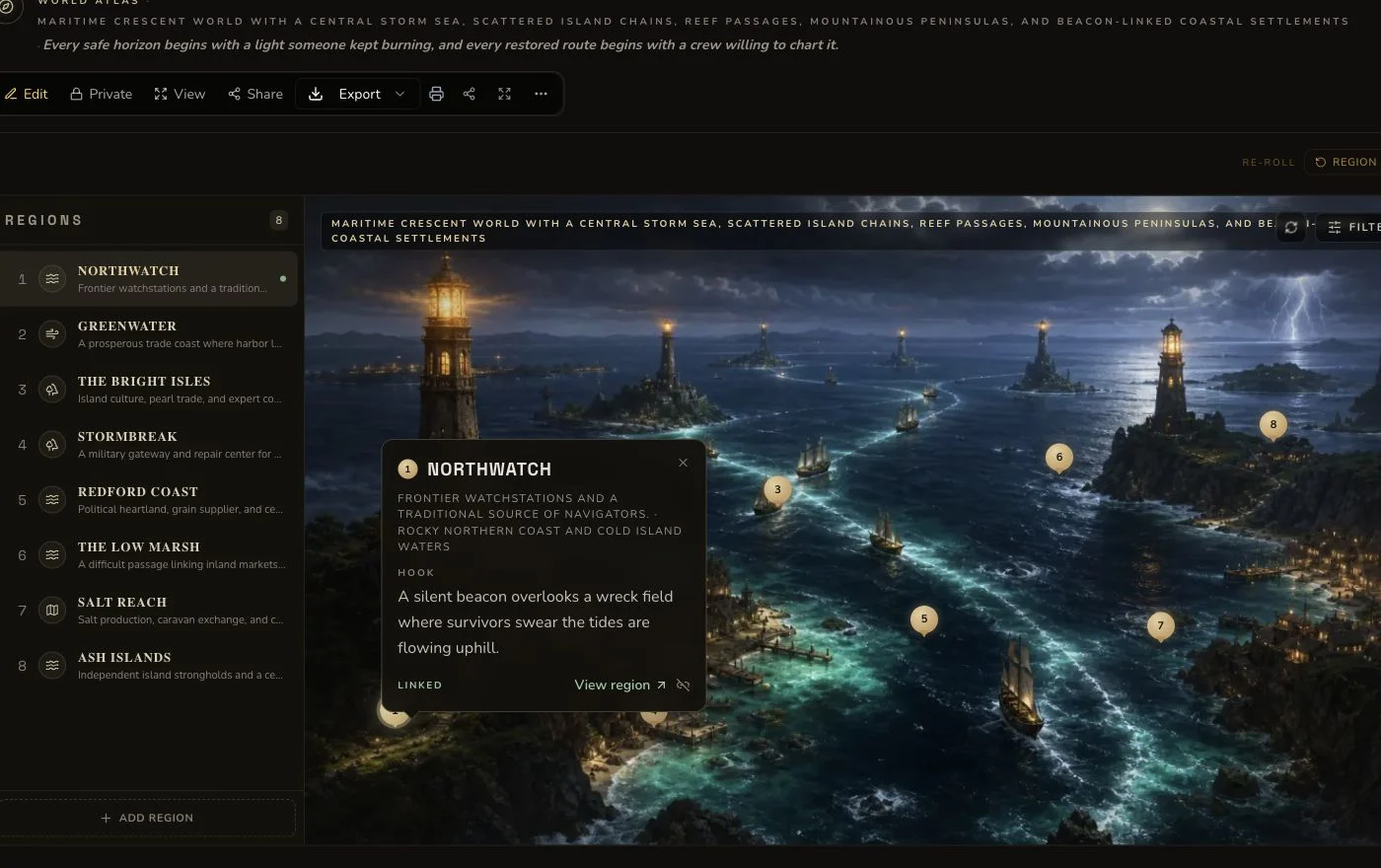 Desktop detail page for Asterfall showing its world sections, region seeds and owner controls.